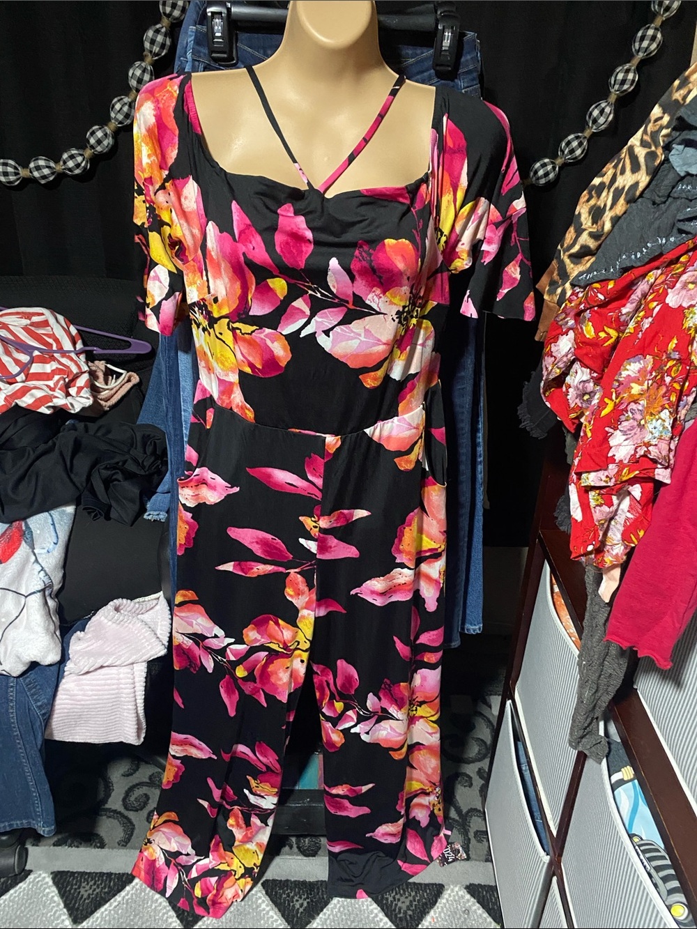 VENUS Black Maxi Dress with Pink & Yellow Floral Print